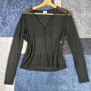 Pssst Womens Sheer Mesh Long Sleeve V-Neck Cardigan Top Black Size M Made In USA